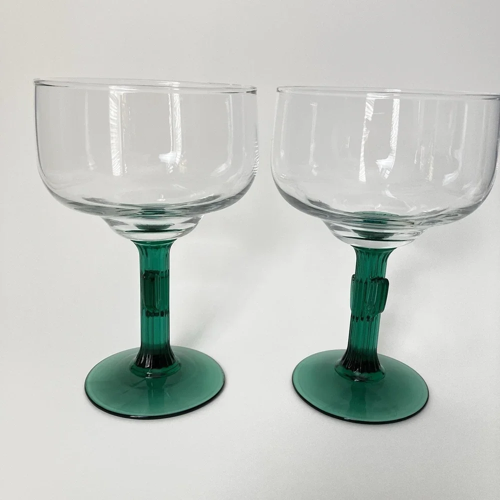 Libbey Green Cactus Saguaro Stem Margarita Glasses 16oz Set of 2 Southwest